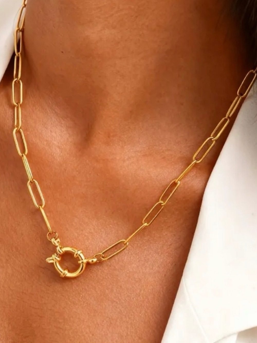 Gold Paperclip Link Necklace with Spring Ring Clasp - Picture 3 of 5
